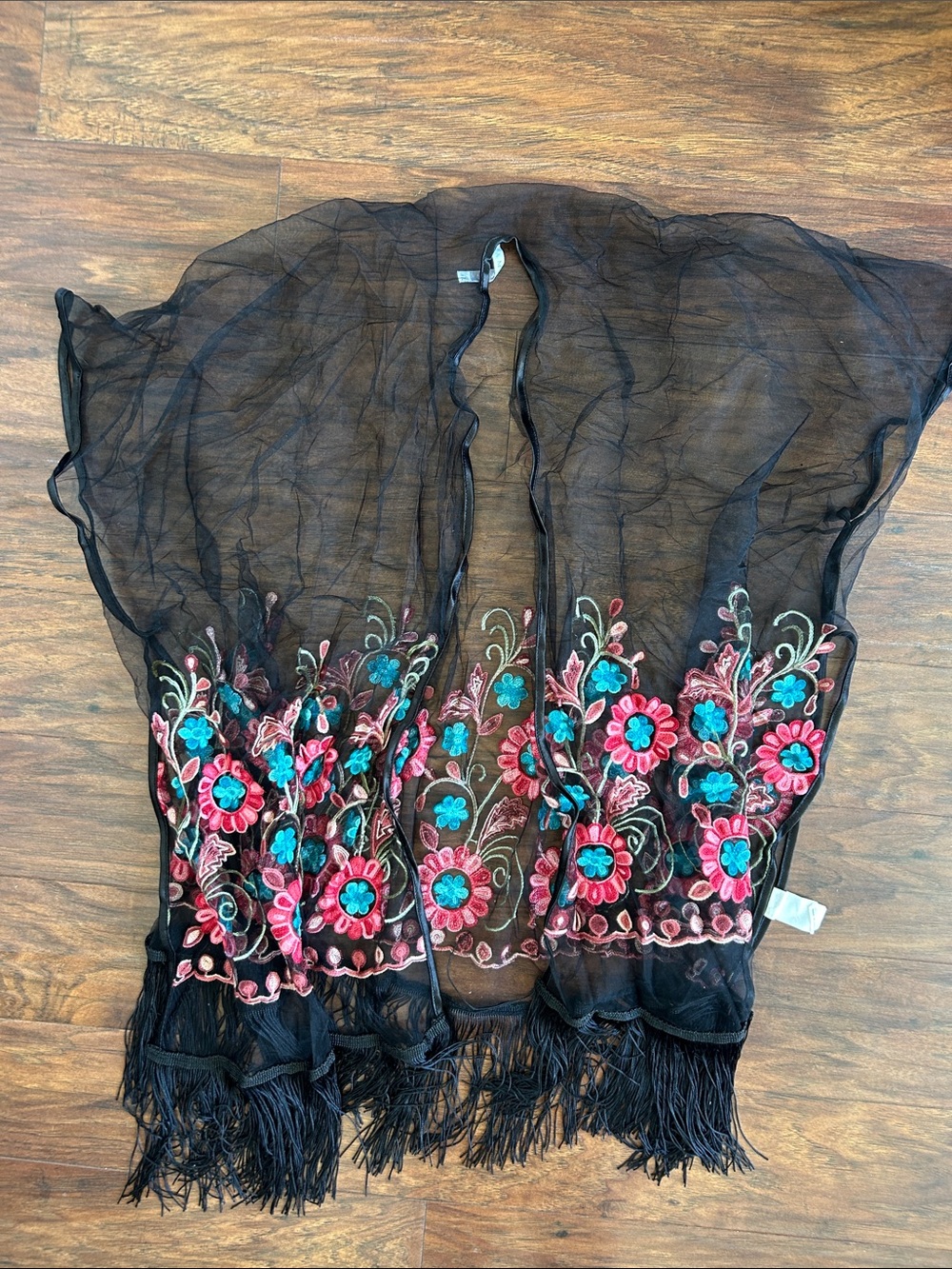 Black Sheer Embroidered Floral Kimono Tunic with Fringe